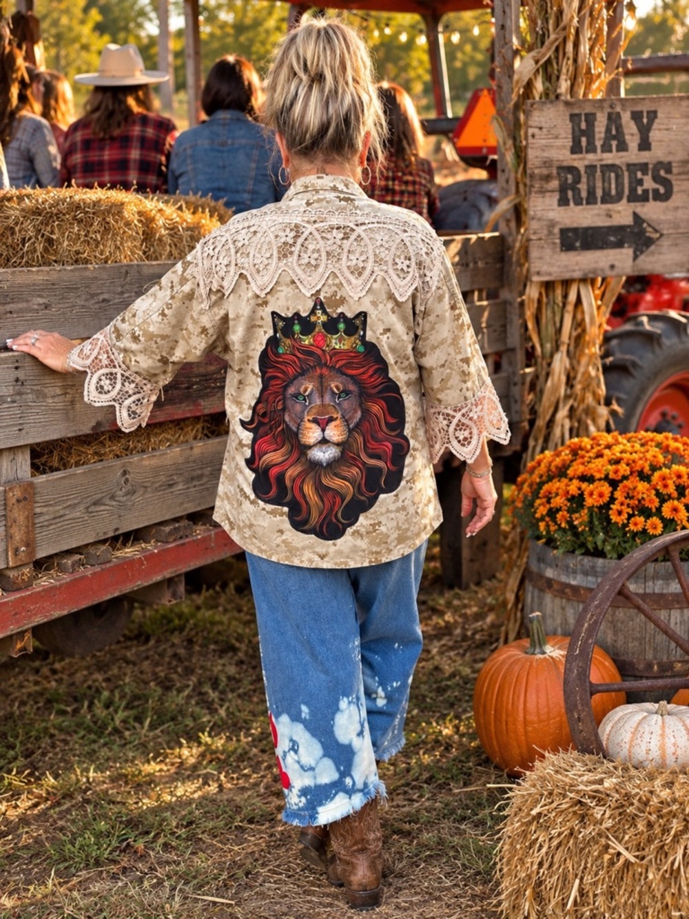 Vintage Authentic UpCycled Recycled Camo Military Jacket Lion Gypsy Lace Marines